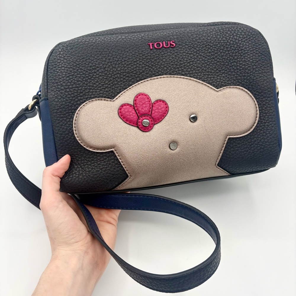 TOUS Bear Crossbody Bag Purse Camera Bag Black Blue Designer Pebbled Travel Trip - Picture 2 of 13